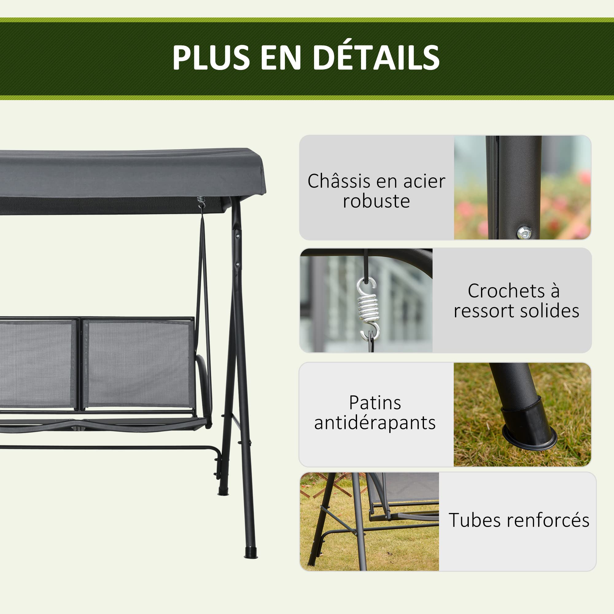 Outsunny Balancelle de Jardin 2 Places Acier époxy textilène Gris Toit Inclinaison réglable