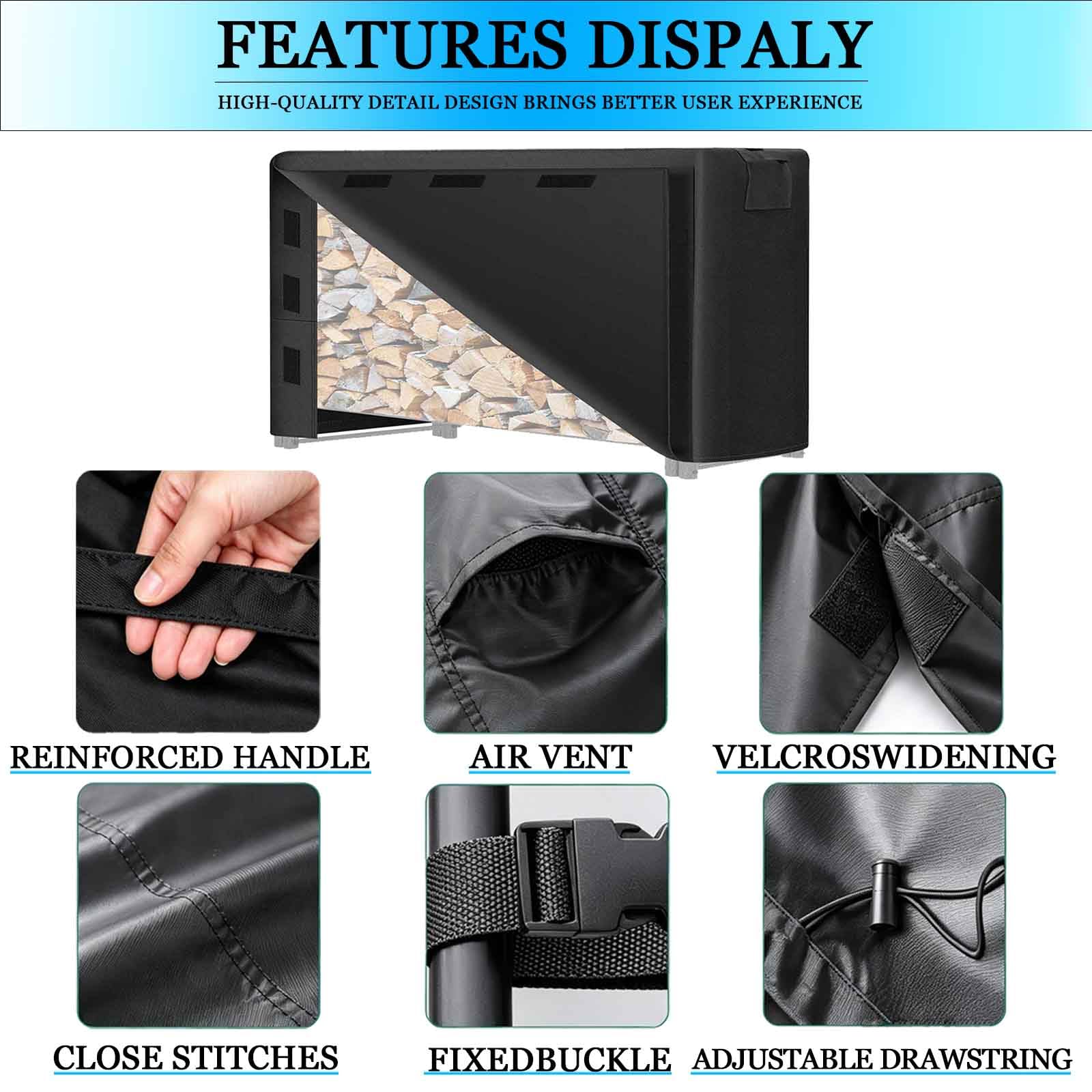 Copertura Resistente per Porta-Legna, Tessuto Oxford 600D, Copertura Impermeabile per Esterni con Fibbia e Nastro a Strappo (Porta-Legna Non Incluso),Nero,365x61x122cm
