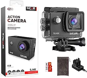 SJCAM Câmera de ação SJ4000 4K30FPS WiFi com captura de imagem HD com câmera impermeável EIS 30 m, câmera subaquática de 170° FOV 5X Zoom Subaquático com 2 baterias, cartão SD 32G e kit de acessórios para capacete