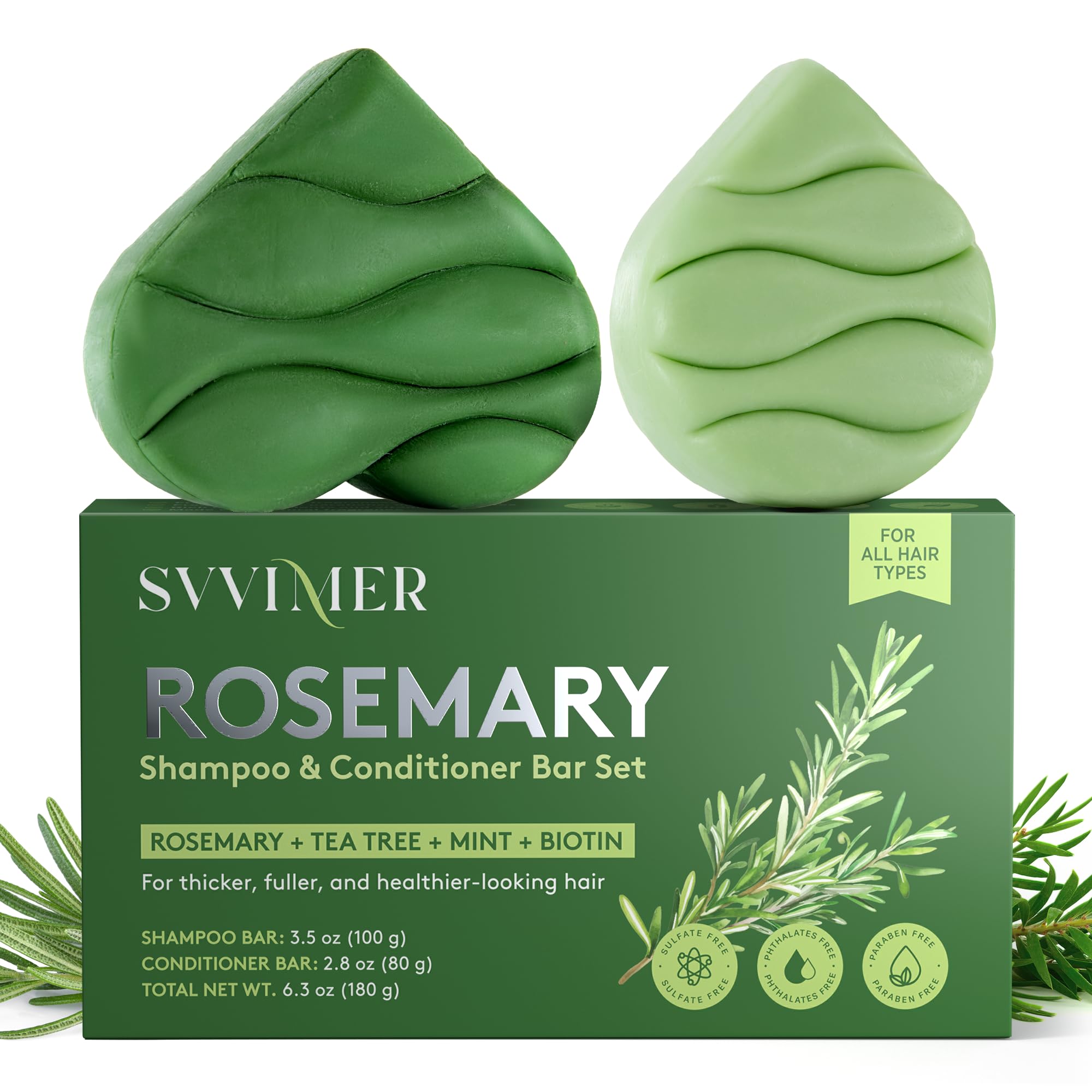 SVVIMER Rosemary Shampoo and Conditioner Bars - Rosemary Tea Tree Mint Biotin Solid Hair Care Set for Thicker Fuller-Looking Hair - Sulfate Free, pH Balanced, Color Safe, 6.3 oz