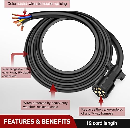 Miniatura 45 de Nilight - Cable conector reforzado de 7 vías para trailer, con caja de derivación de 7 salidas, de 8 pies de largo, apto para remolques motorizados