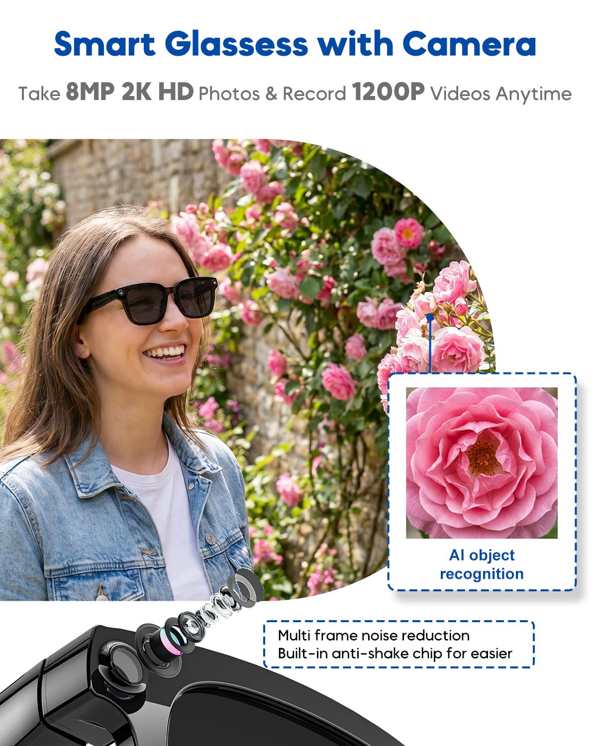 Lunettes Intelligentes avec Caméra et Bluetooth, 8 Mpx, HD 1200P | en Charge L'enregistrement Photo/Vidéo/Audio, La Traduction en Temps Réel, L'assistant Vocal et La Reconnaissance D'objets