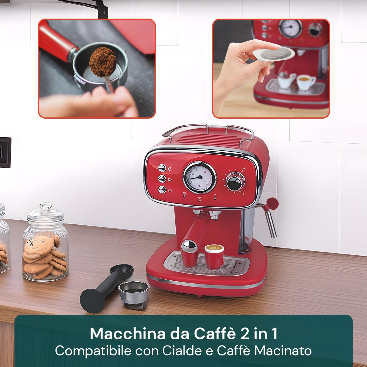 Avilia - Macchina Caffè Automatica 1100 W per Espresso e Cappuccino con Lancia Vapore, Compatibile con Cialde e Caffè Macinato, Serbatoio Rimovibile 1,2 L, Pressione 15 Bar