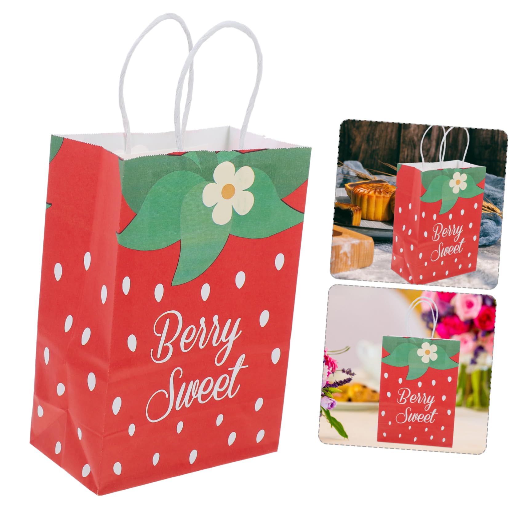 SHINEOFI 4 Sätze Teiliges Erdbeer Papiertüten Mit Griffen Stabile Geschenktüten Für Snacks Süßigkeiten Und Kleine Geschenke Vielseitige Partytüten Für Kindergeburtstag Und 12 Stück * 4