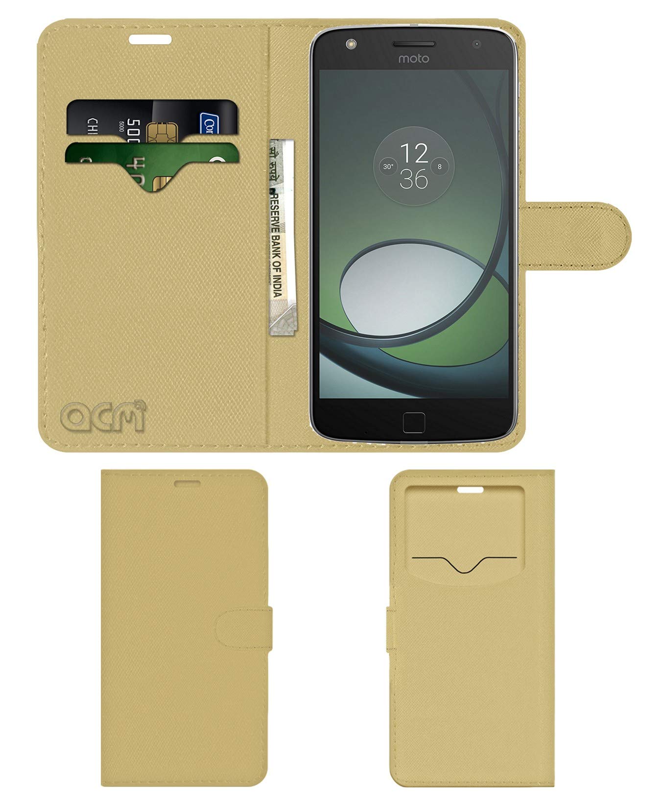 ACM Leather Window Flip Wallet Front & Back Case Compatible with Moto Z Play Style Mod Mobile Cover Golden