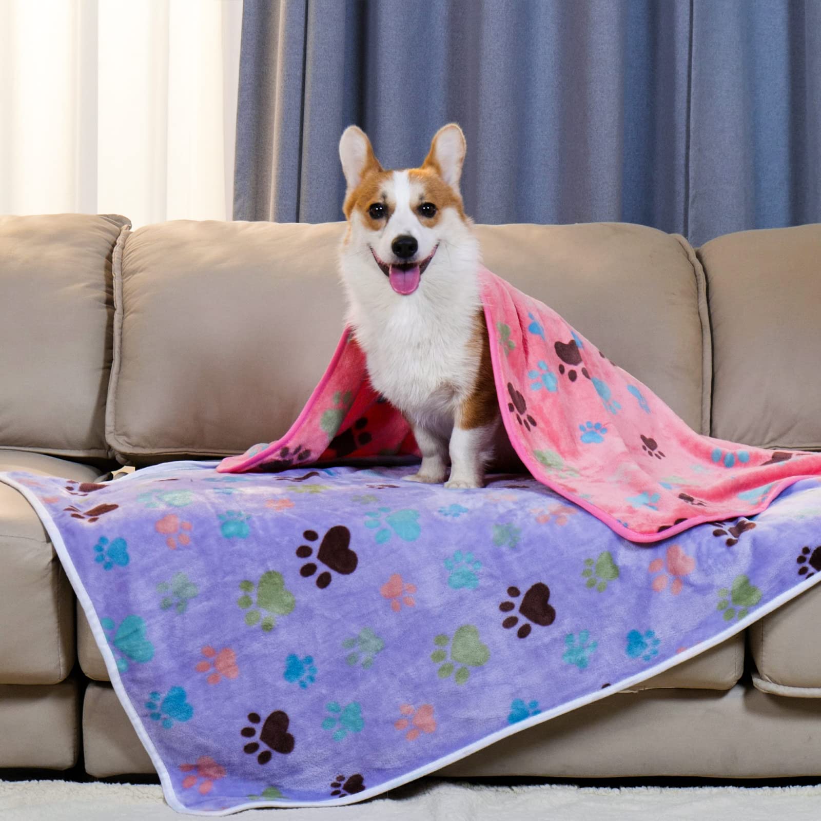 6-Pack Soft Fluffy Fleece Pet Blankets - Paw Print Design For Dogs & Cats (Large 41x31 Inches)