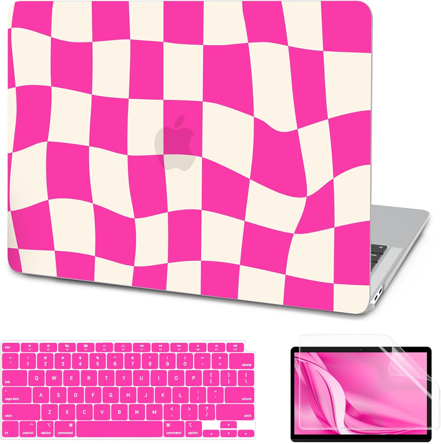 AKIT Compatible with MacBook Air 13 Inch Case M1 2022 2021 2020 A2337 A2179 A1932, Pattern Hard Laptop Shell Case+Screen Protector+Keyboard Cover for MacBook Air 13.3 Inch, Hot Pink Checkerboard