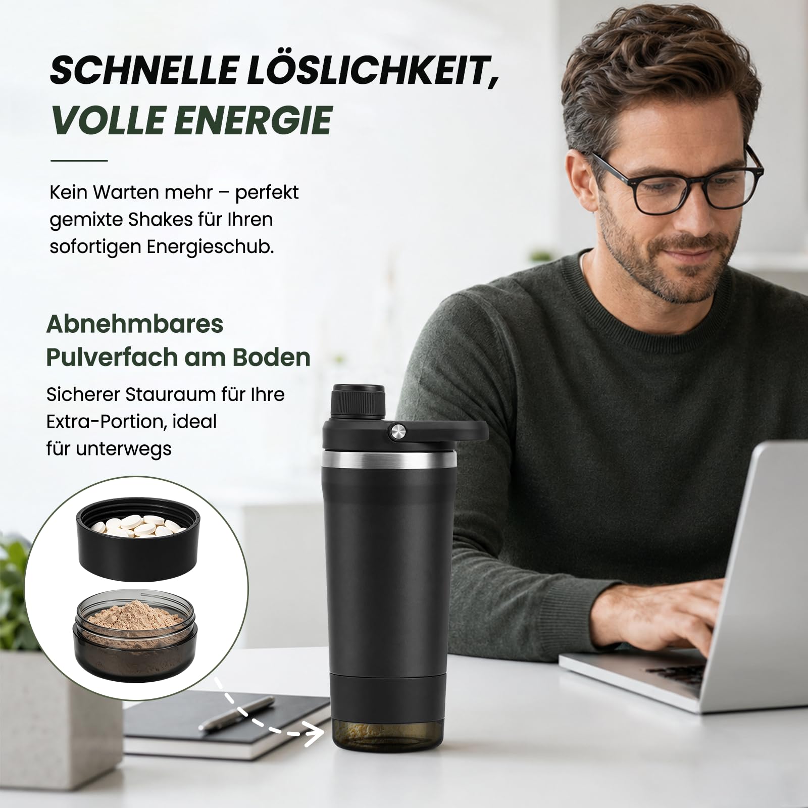 Shaker Edelstahl 700ml, Edelstahl Shaker Doppelwandig mit Pulverfach, Proteinshaker mit Innenskalierung für eisgekühlte Proteinshakes, Klumpenfrei, Auslaufsicher für Freizeit und Sport, BPA-Frei