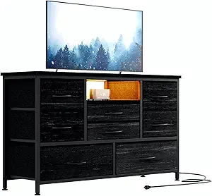 Jojoka 8-Drawer LED Dresser TV Stand with Power Outlet for 55'' TV - Wide Storage Chest for Bedroom, Living Room & Entryway, Wood Top Console Table with 22 Light Modes