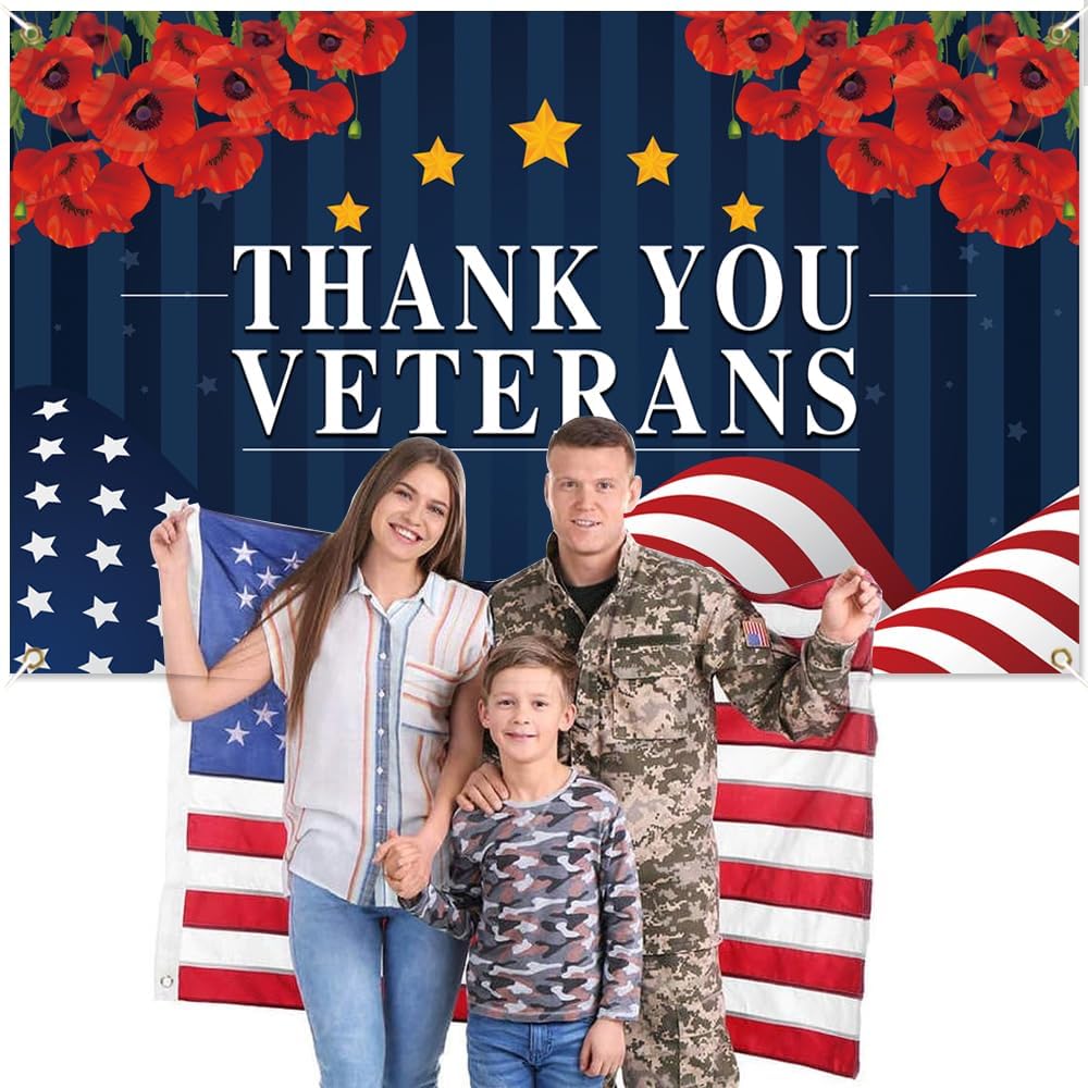 Thank You Veterans Day Decorations Banner Photography USA Patriotic Decorations Background 4th of July Remember and Honor for Indoor Outdoor Garden Yard Party Home Decor Memorial - Image 5