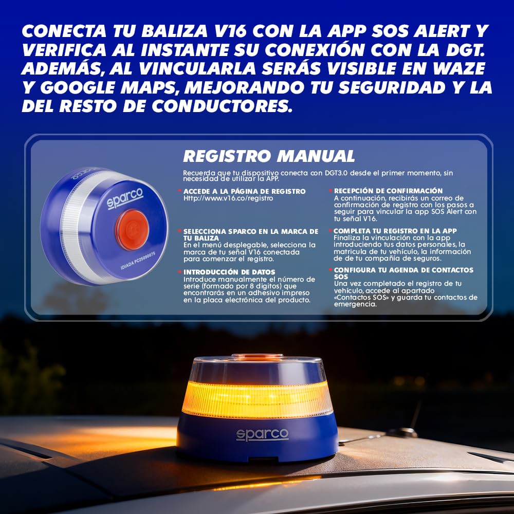 Detalle de la base magnética de la baliza Sparco V16, diseñada para una fijación rápida y segura en superficies metálicas.