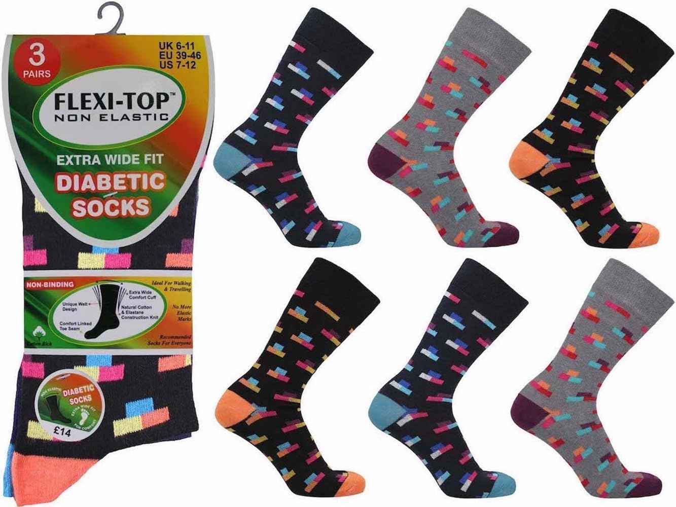 Onlybee Men's Black With Multicolour Blocks ’S Diabetic Gentle Loose Grip Socks Bright Colours – 6 Pairs Non Elastic Cotton Socks, Loose Top Comfort Socks Non Binding
