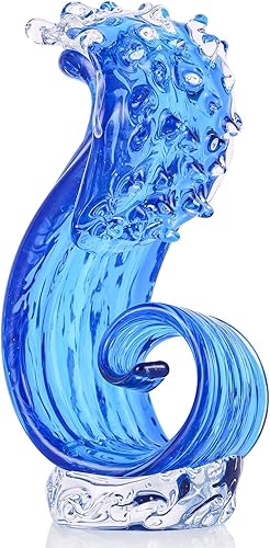 Estatua de arte de vidrio soplado a mano, escultura de cristal de mar azul para decoración del hogar, sala de estar, oficina, estantería, mesa de