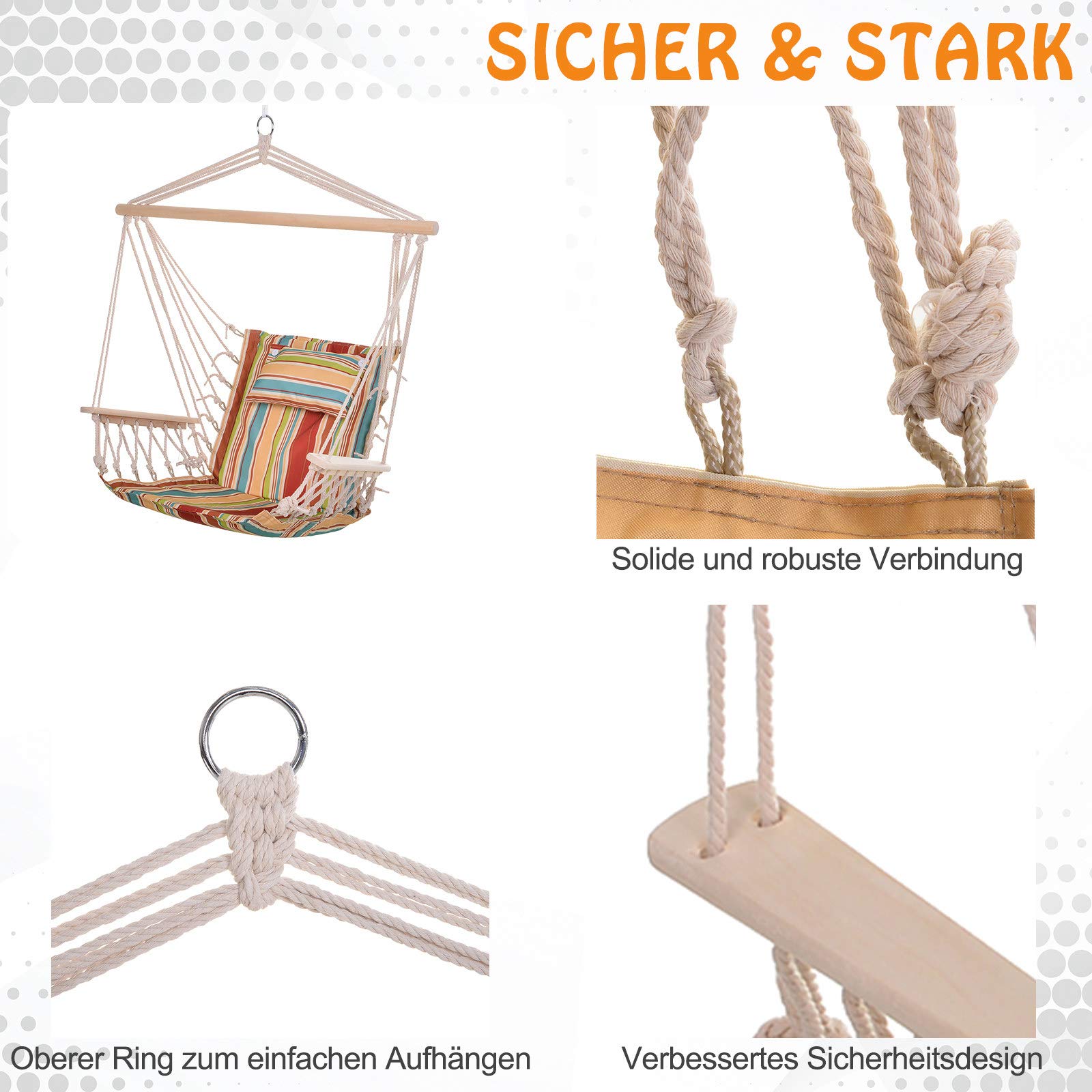 Outsunny Hängesessel Hängeschaukel mit Querstrebe und Kissen Deckenhaken Gestell Hängestuhl bis 100kg belastbar Hängesitz für Indoor Outdoor Garten Terrasse Mehrfarbig