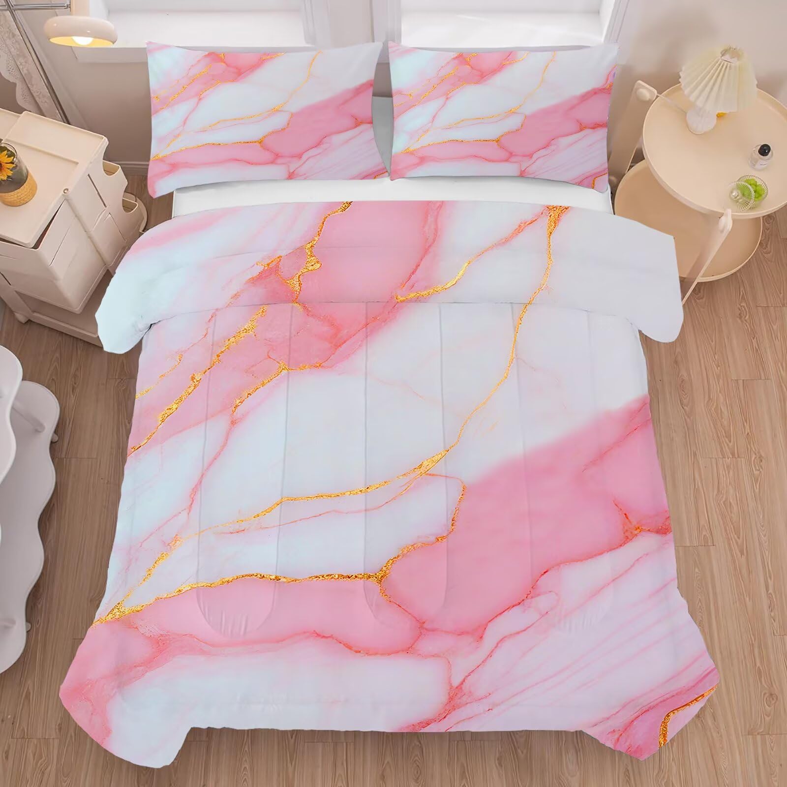 Marble Comforter Set Pale Pink Chic Bedding Sets Full Size for Girls Teens Women Gold Glitter Luxury Marbling Texture Quilt 1 Comforter + 2 Pillow Cases
