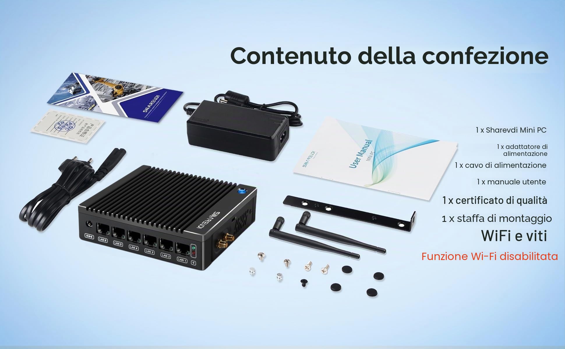 Mini-PC firewall senza ventola con Intel N3710 4C/4T, 6x Intel i226 LAN, router per gateway di rete, testato con PF-Sense/OPN-SENSE,HD/Type-C/SIM/TF/Wi-Fi (8 GB di RAM, SSD da 240 GB)