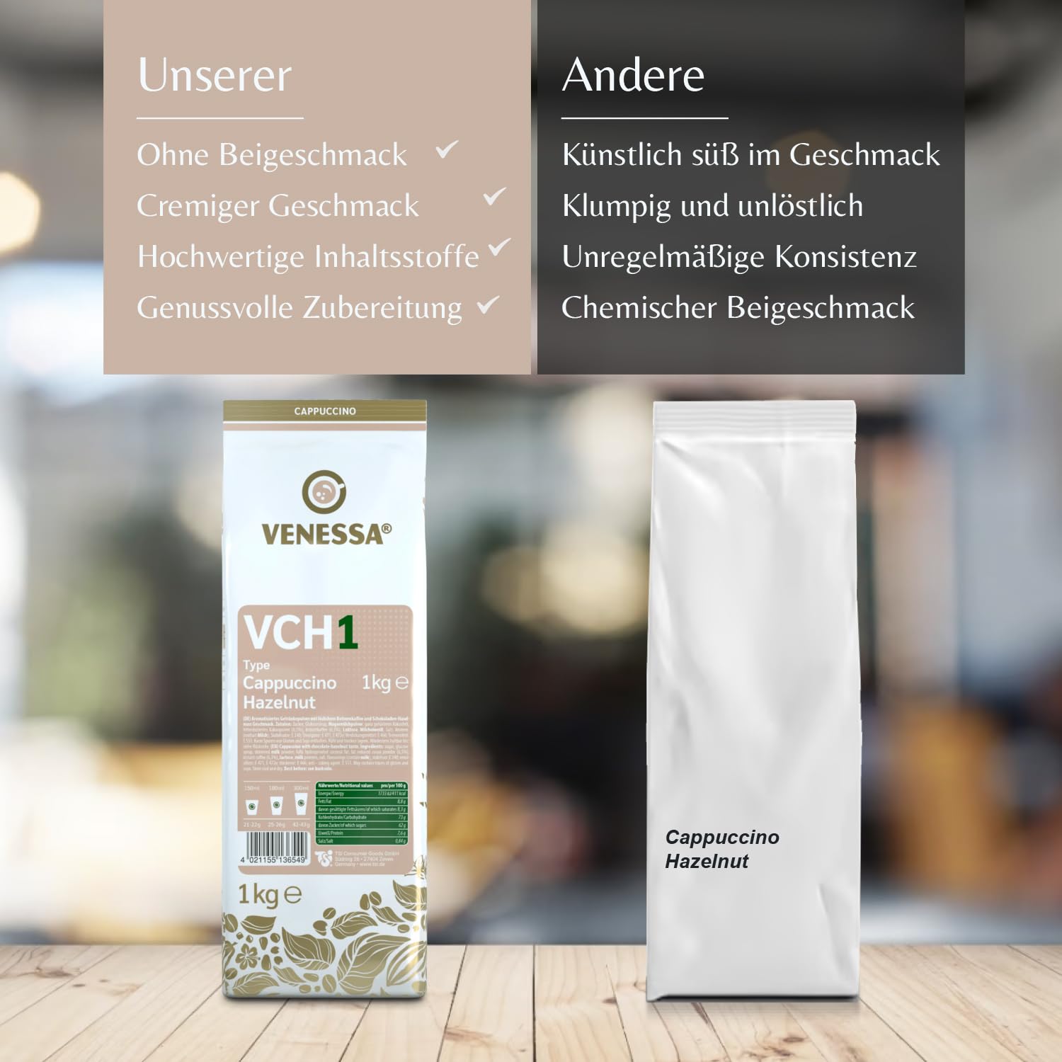 VENESSA VCH1 Cappuccino orzech laskowy, 20 x 1 kg, pyszna, kremowa kawa rozpuszczalna dla klientów biznesowych, vending, firm, gastronomii, dużych firm