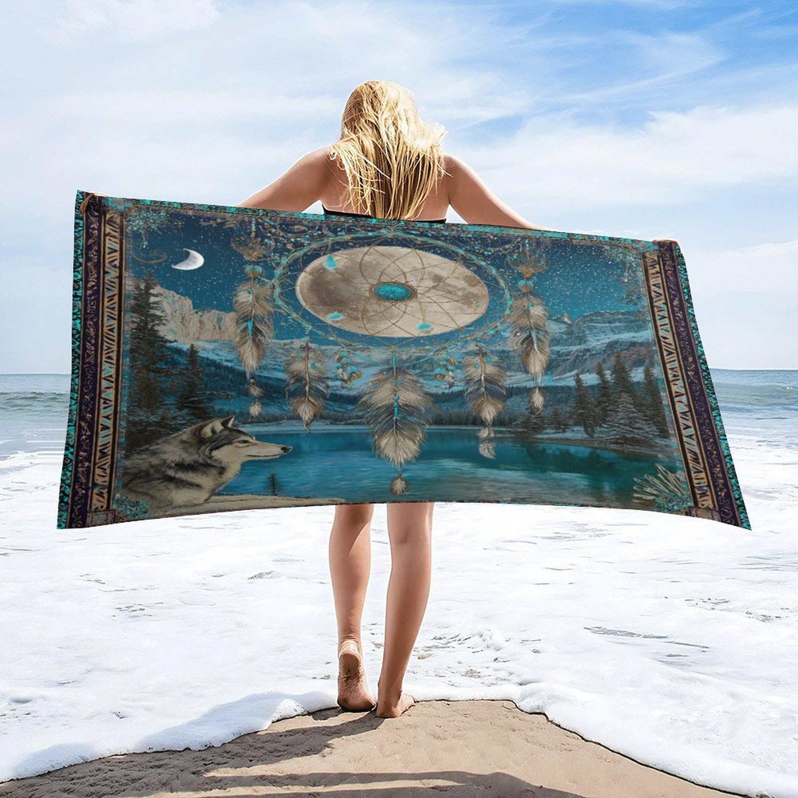 Luyysky Classic Rustic Dreamcatcher Quick-Drying Beach Towel, Beautiful Natural Mountain Lake Landscape Wildlife Wolf Travel Vacation Single Sided Pile Bathroom Towels-80 W Cm X 160" L Cm