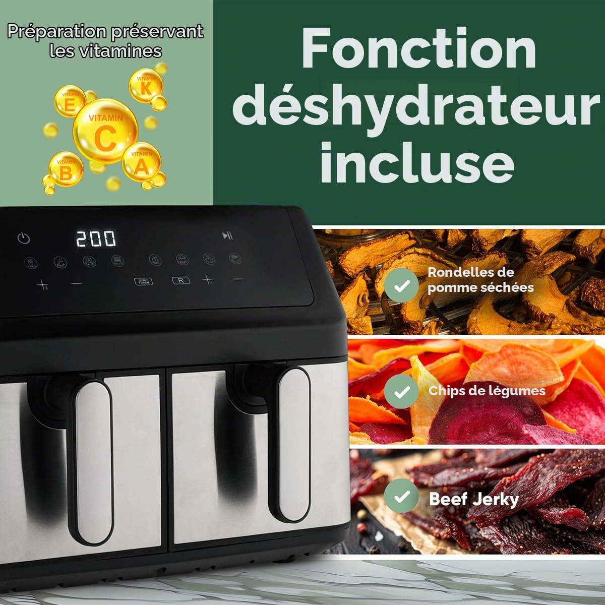 ProfiCook Friteuse à air chaud | Système de préparation simultanée | 9 litres | Friteuse à air chaud 2 compartiments | Frire sans graisse | Cuve avec anti-adhésif | Airfryer | PC FR 1296 H