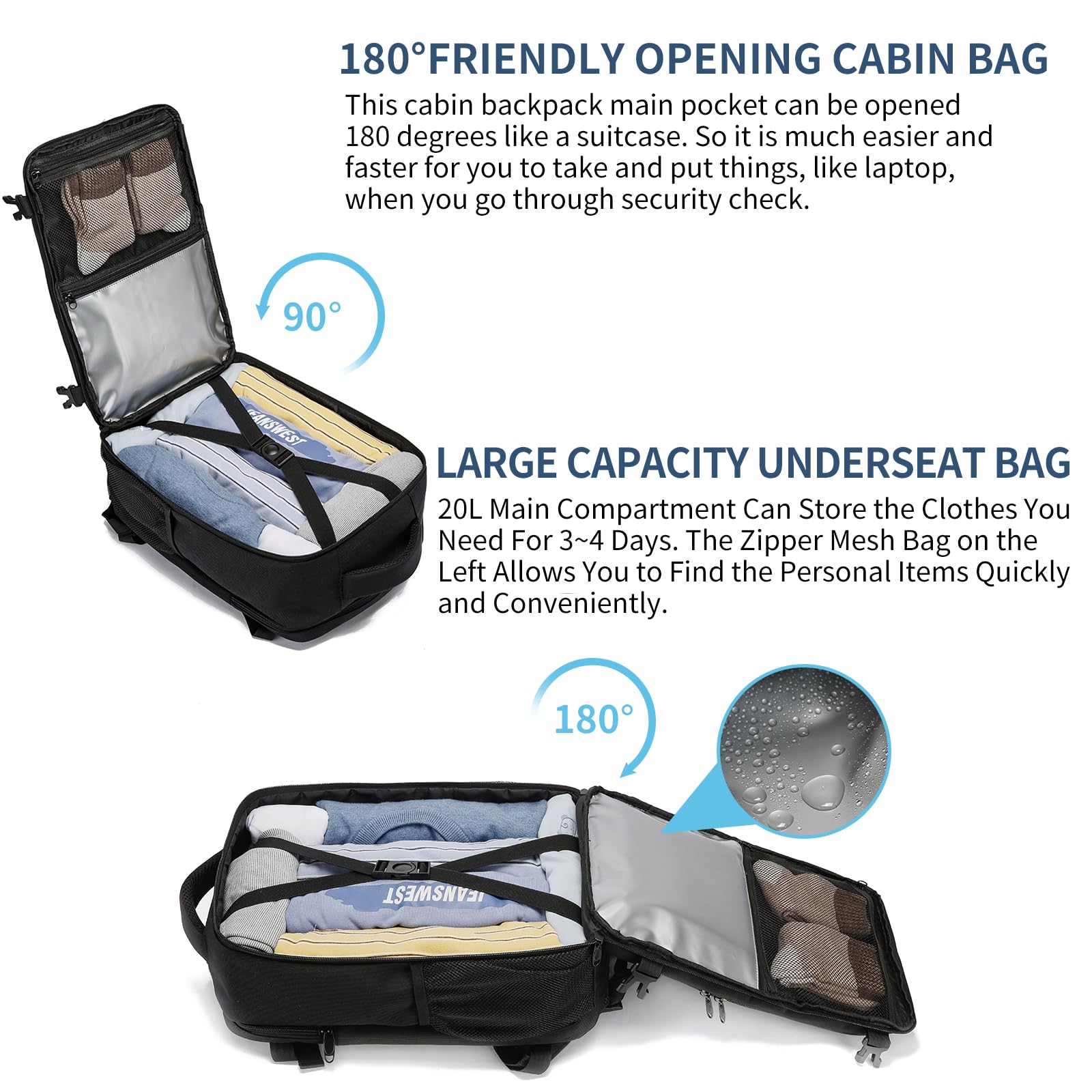 Zaino per Ryanair 40x20x25cm Piccolo Zaino Viaggio Bagaglio a Mano Zaino da Viaggio Aereo 20L Zaini Cabina 40x20x25cm Borsa da Cabina per Voli Zaino Donna Uomo, 14 Pollici Zaino Porta PC, Nero