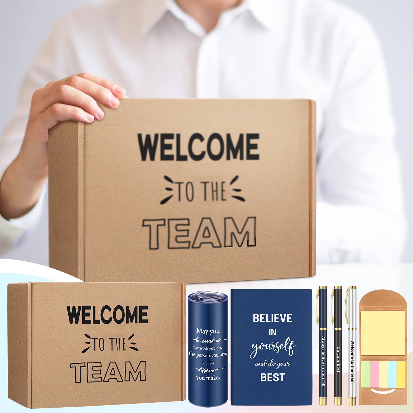 Teenyyou Juego de regalo de bienvenida al equipo de 7 piezas, incluye 1 vaso de 20 onzas, 1 cuaderno, 3 bolígrafos y 1 nota adhesiva para nuevos empleados (azul)