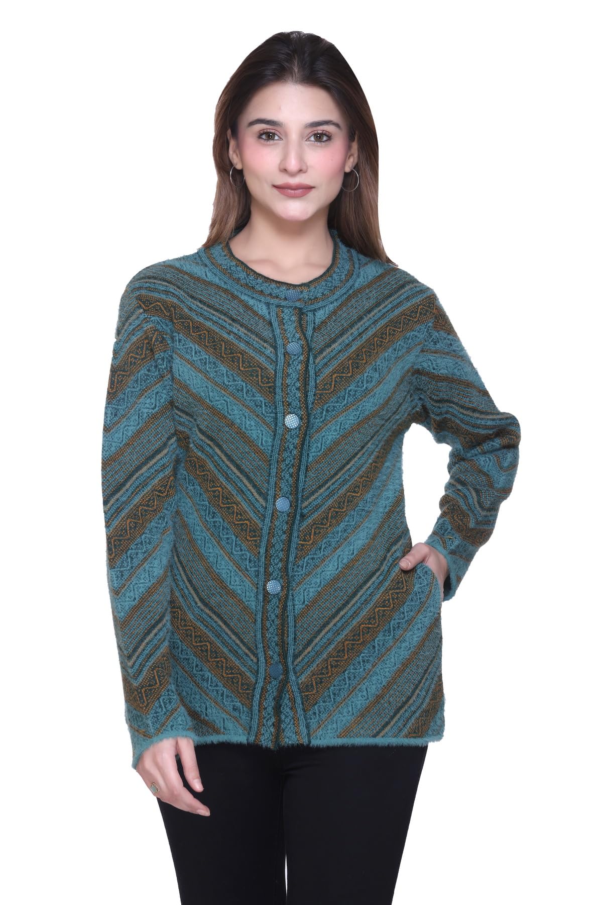 Full Sleeve Round Neck Woollen Cardigan for Women with Pockets-image-10