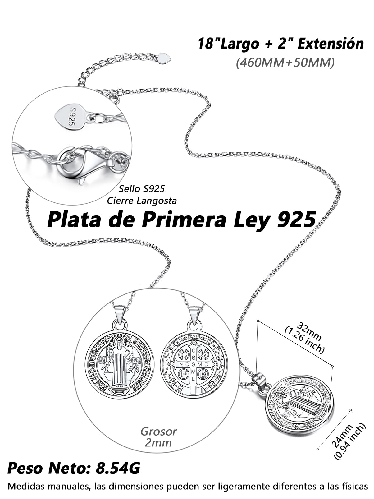 Silvora Collar San Benito Plata 925 Hombre Mujer Medalla Religioso | Material Plata de Primera Ley Colgante Amuleto Talismán Joyería Caja Regalo