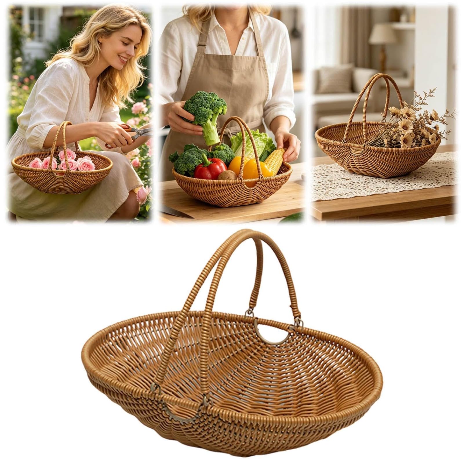 Woven Storage Basket with Handles Rattan Style Hand Basket for Fruit Bread Picnic Shopping Garden Home and Gift Display