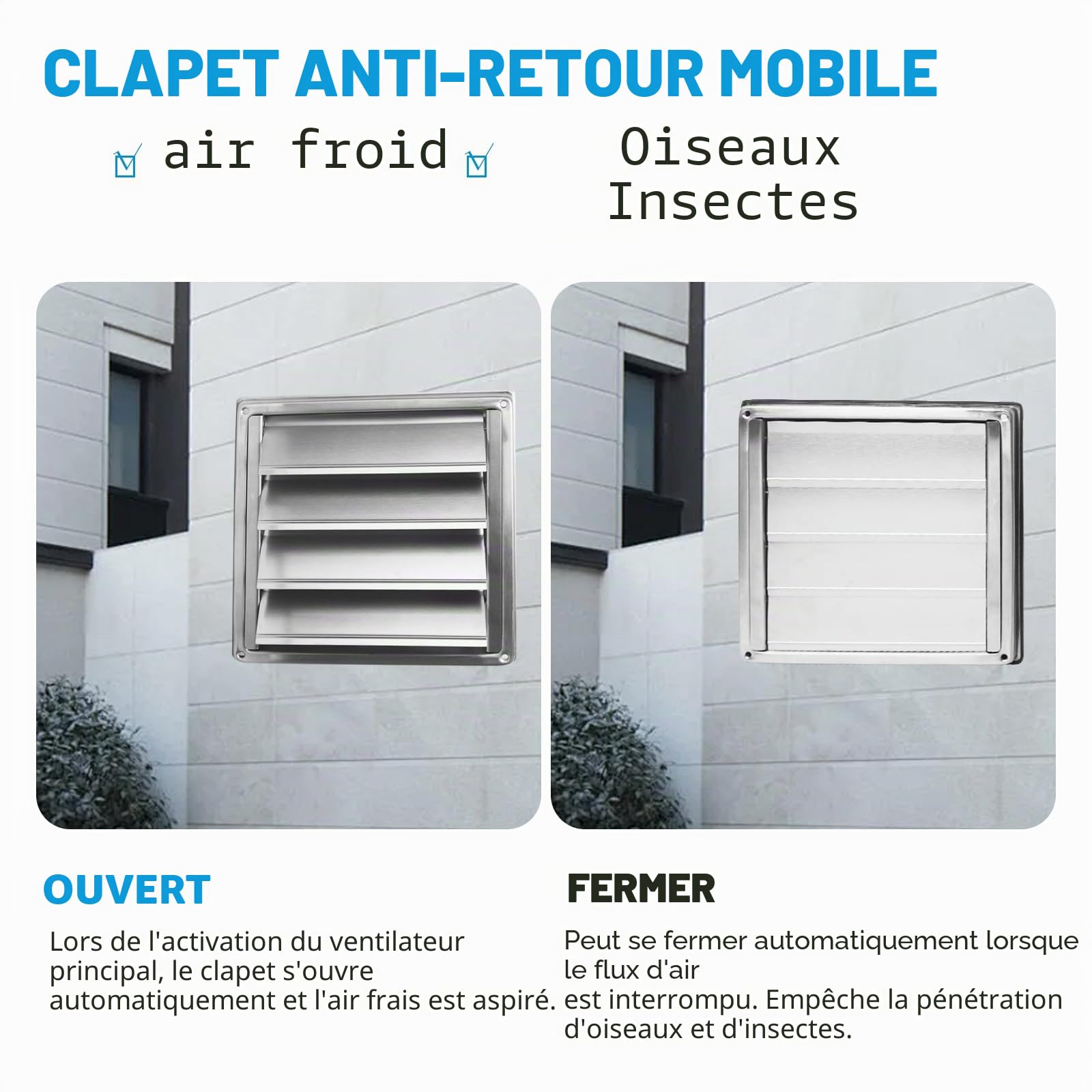 150mm Grille de ventilation, Clapet anti-retour Grille de protection contre les intempéries en acier inoxydable avec lamelles mobiles, Grille murale, Grille à lamelles Grille hotte aspirante