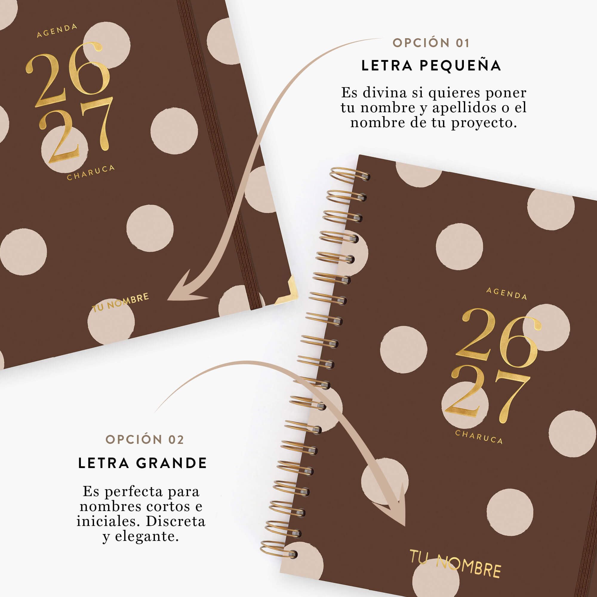 Agenda Charuca 26-27 Académica VISTA SEMANAL - Tapa Dura con Detalles Dorados, Tamaño GRANDE - Incluye BOLSA de Tela PROTECTORA y Marcapáginas - Hecho en España (CHOCOLATE LOVE)