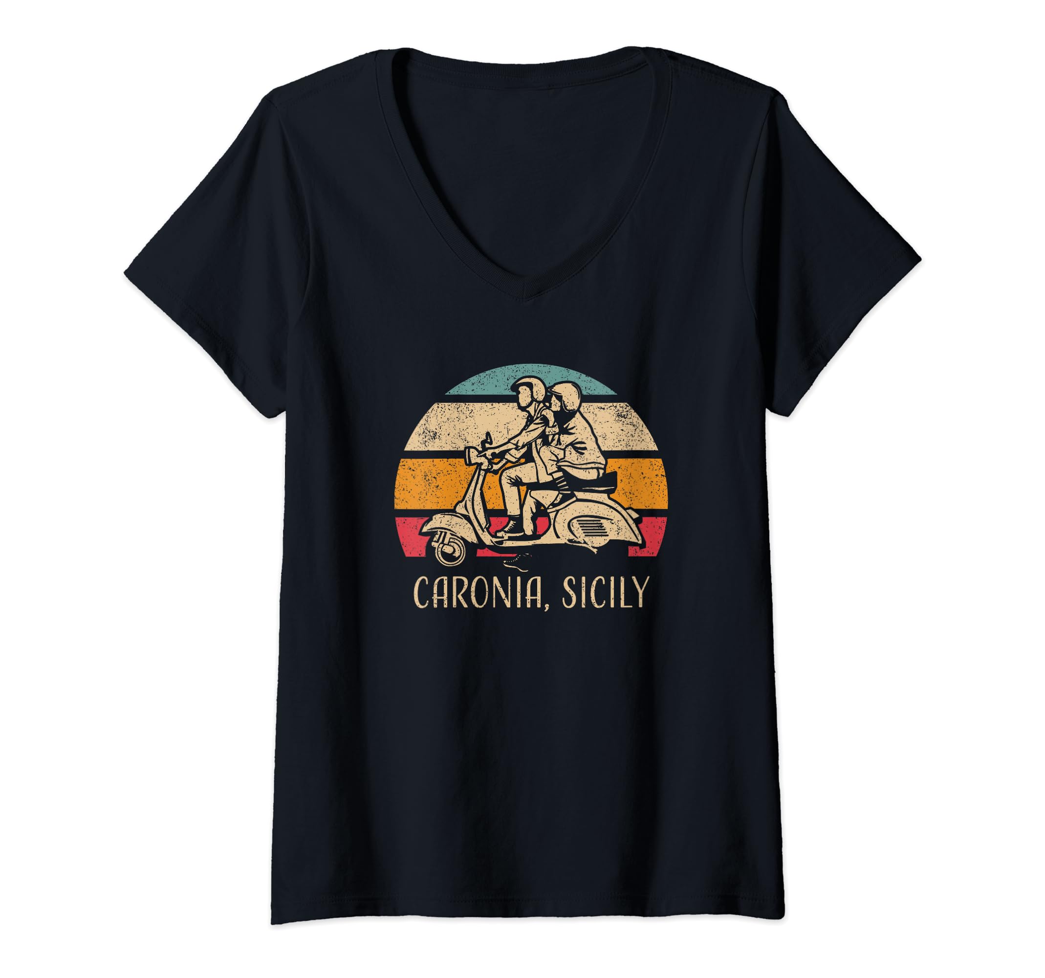 Womens Caronia Sicily Sicilia Vintage Scooter Retro Sunset Design V-Neck T-Shirt