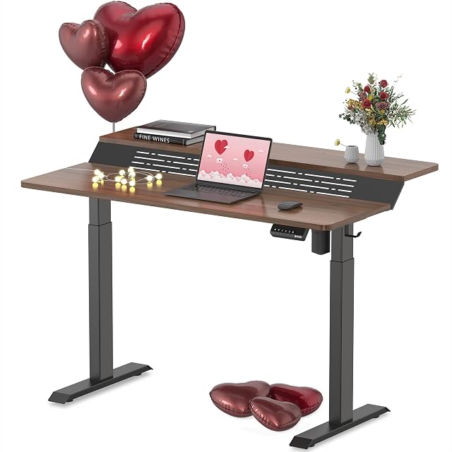 Fenge 2 Tiers Electric Standing Desk with USB Port,120×73.5 cm Height Adjustable Sit Stand Desk with 3 Memory Presets, Ergonomic Computer Workstation, Ultra-Quiet Motor,Load Max:120kg (Brown)