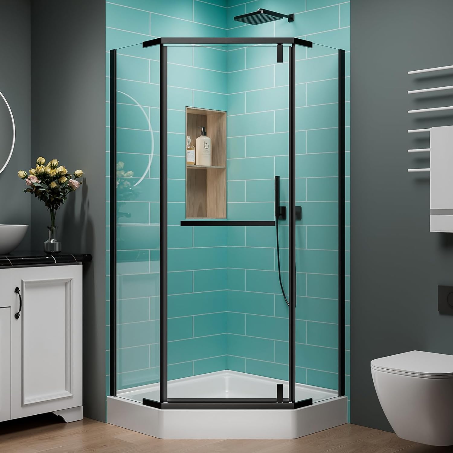 36 Corner Shower Door,36" W x 72" H Neo-Angle Corner Shower Enclosure,Frameless Pivot Shower Doors with 1/4” (6MM) SGCC Tempered Glass for Walk-in Shower,Matte Black