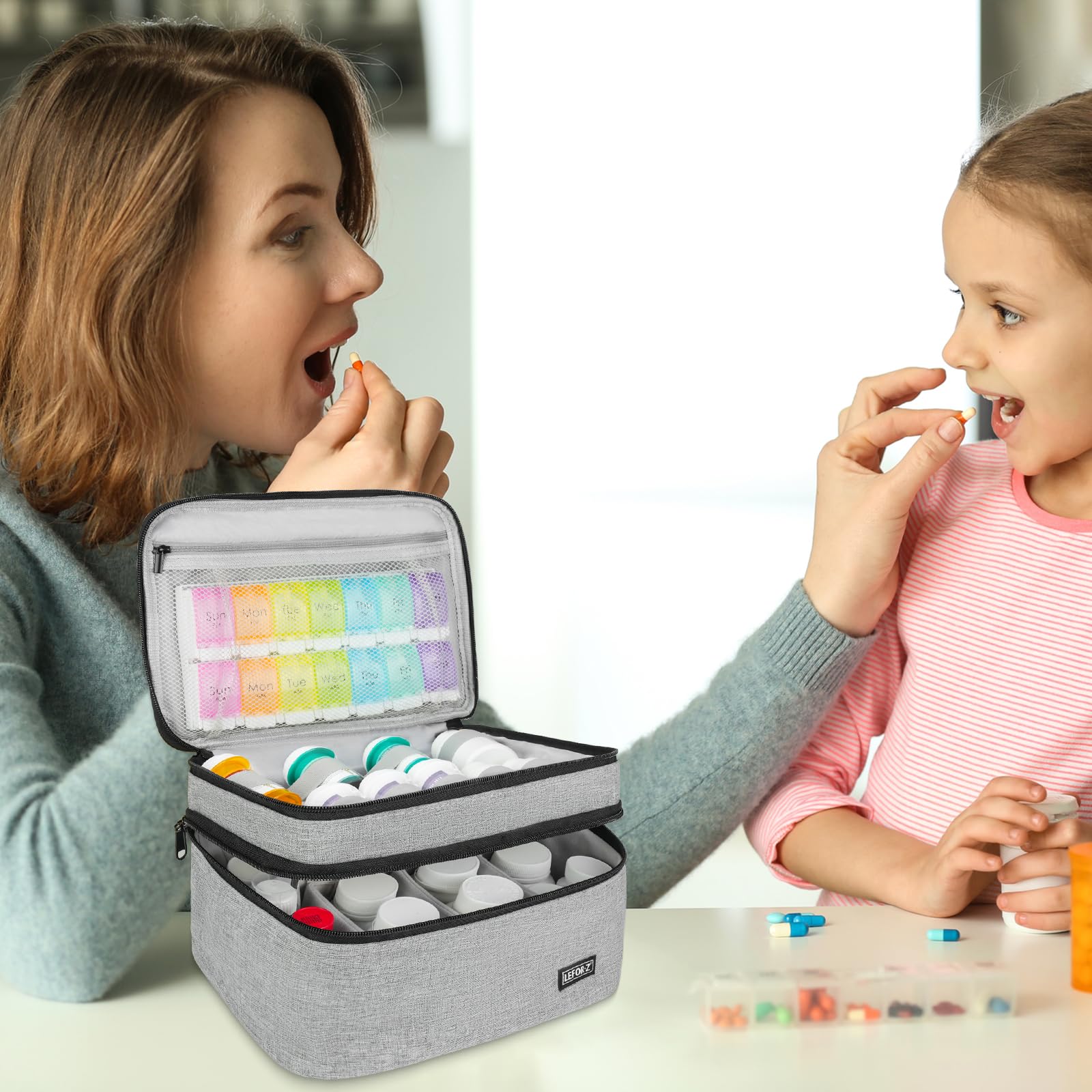 LEFOR·Z Sac de rangement pour médicaments, double couche, sac de rangement vide avec fermeture éclair verrouillable et séparateur réglable, sac de transport de médicaments pour pilules, vitamines,