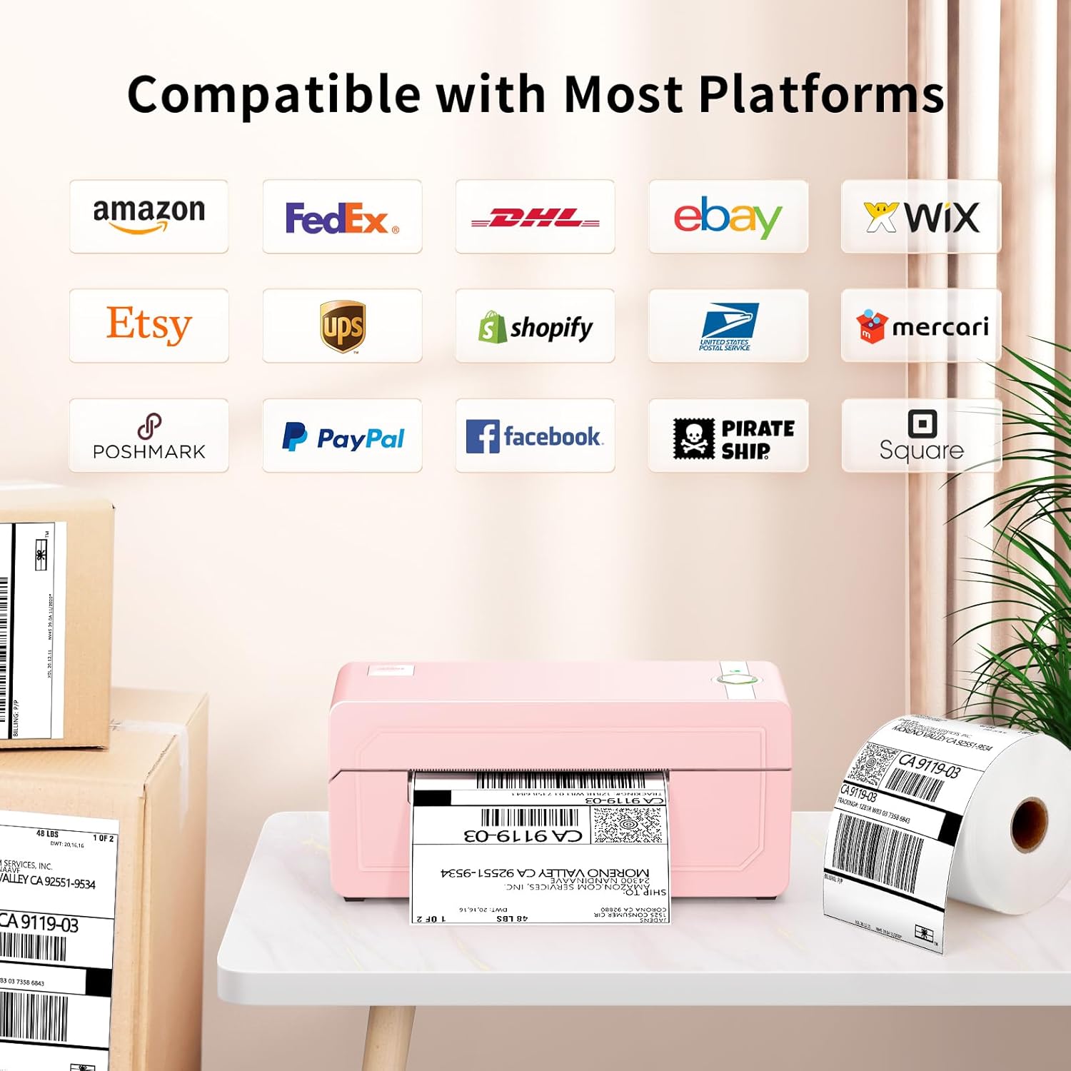 JADENS Bluetooth Thermal Shipping Label Printer – Wireless 4x6 Shipping Label Printer, Compatible with Android, iPhone, Windows & Mac, Widely Used for Ebay, Amazon, Shopify, Etsy, USPS(Pink)