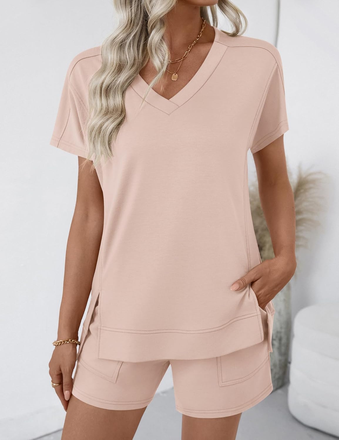 LOMON 2 Piece Short Sets for Women 2026 Spring Summer Lounge Outfits Sets Short Sleeve Trendy Casual Matching Clothing Set - Image 2