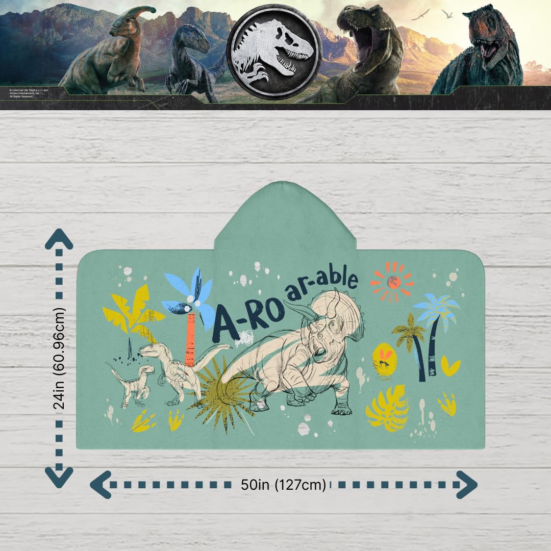 Franco Jurassic World Kids - Toalla de rizo de algodón suave con capucha para baño, piscina, playa, 24 x 50 pulgadas (producto oficial)