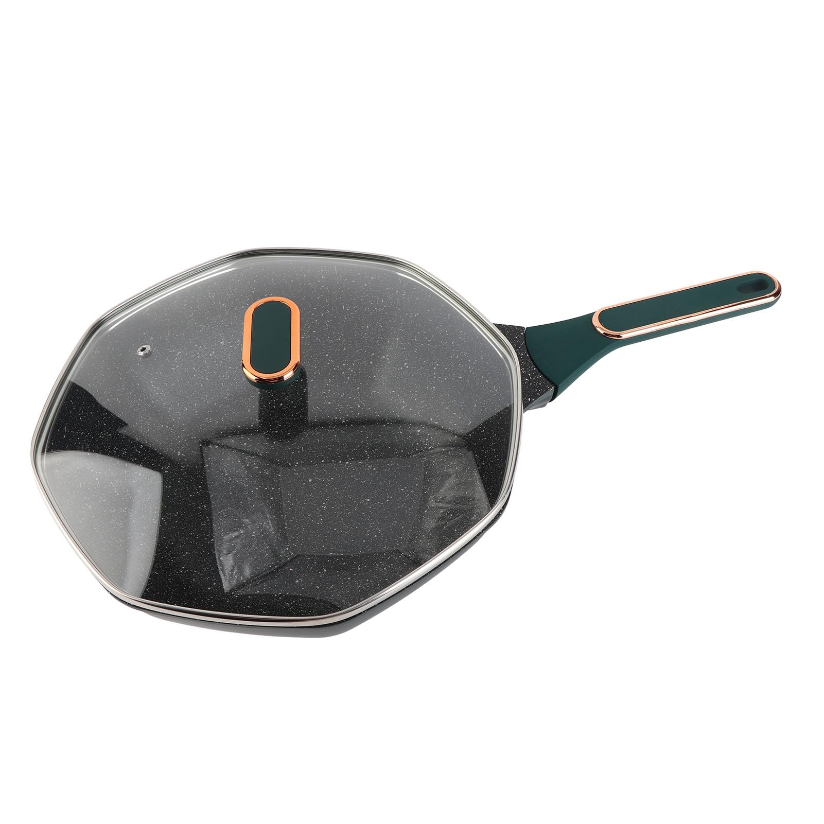 Wok octogonal con revestimiento de piedra Maifan, sartén antiadherente de aluminio fundido con tapa transparente y mango ergonómico, apto para todas las estufas, 4-6 porciones