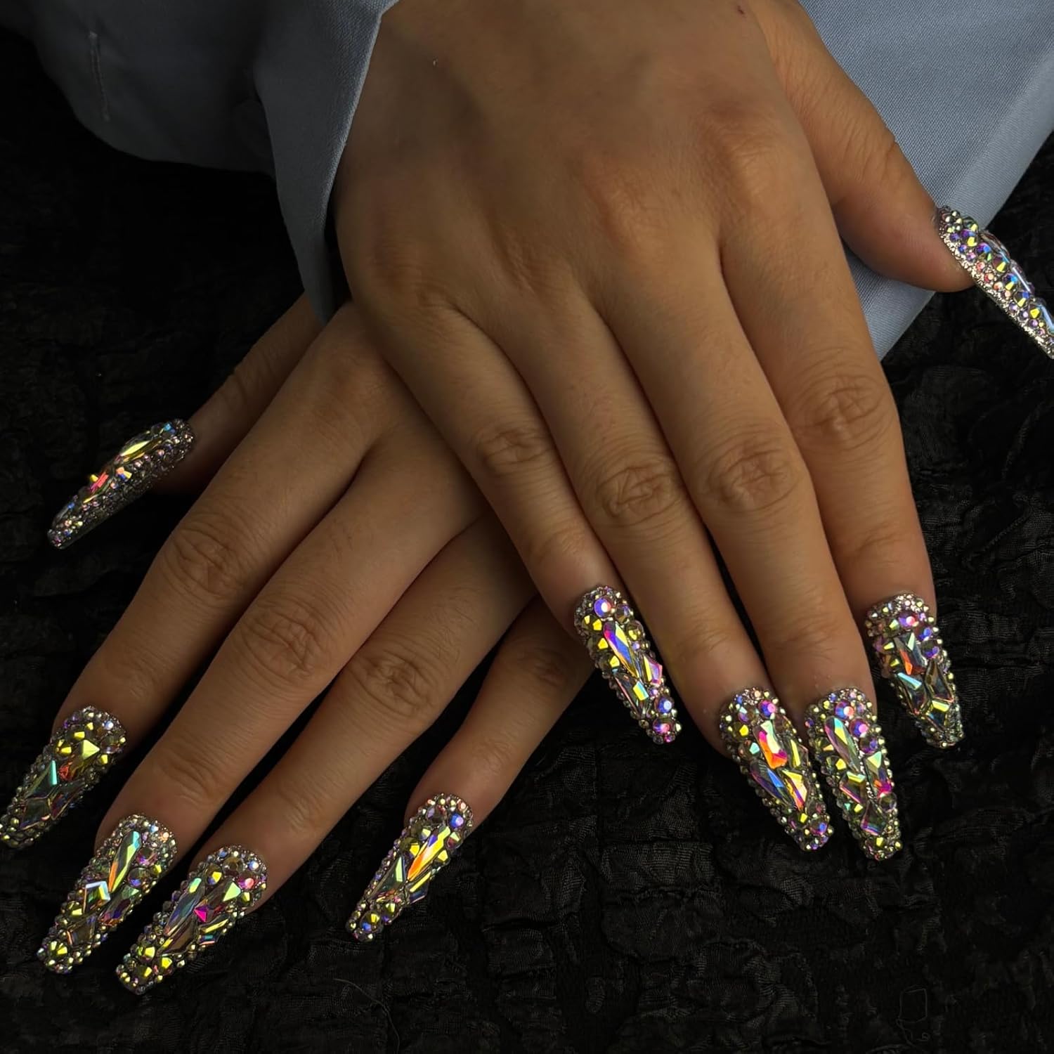 Trendy Handmade Press On Nails Long Square Shape,10Pcs Crystal AB Diamonds Acrylic Fake Nails with 3D Rhine Stone Luxury Design Stick On Nail for Woman Gift