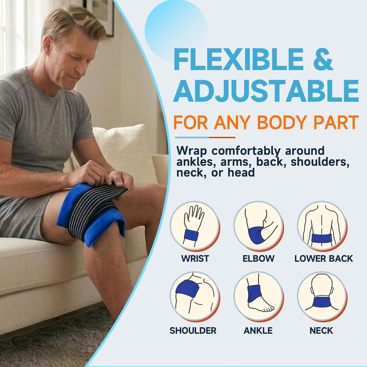 BICAREE Ice Packs for Injuries Reusable (3-Piece Set), Hot & Cold Gel Pack with Adjustable Wrap for Joint and Muscle Pain, Swelling, Knees, Back, Shoulder