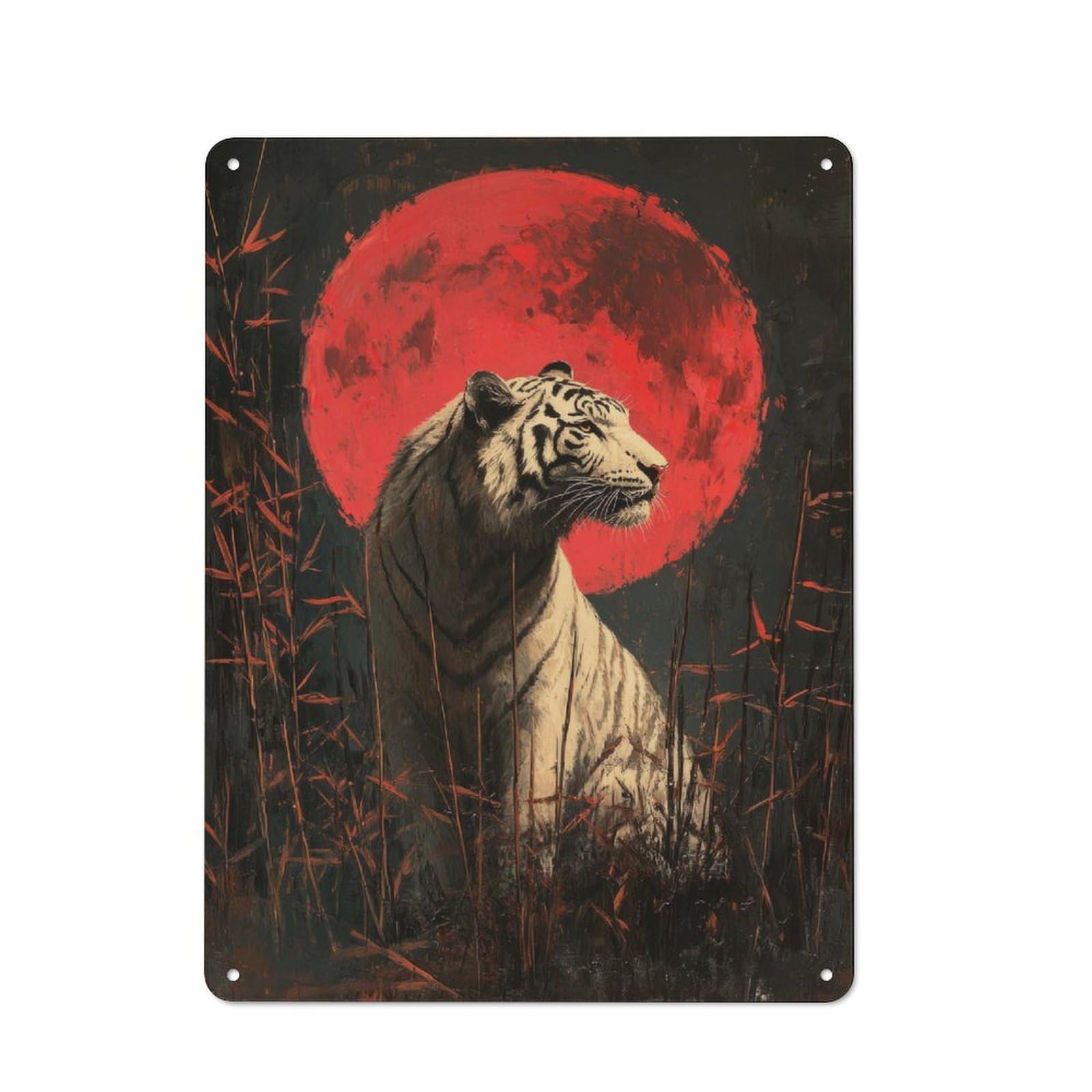 Junmoney Style Garage Metal Wall Sign 40X30cm Featuring White Tiger Under Blood Moon, Garage Wall Decor For Garage, Hobby Room, Office Or Man Cave
