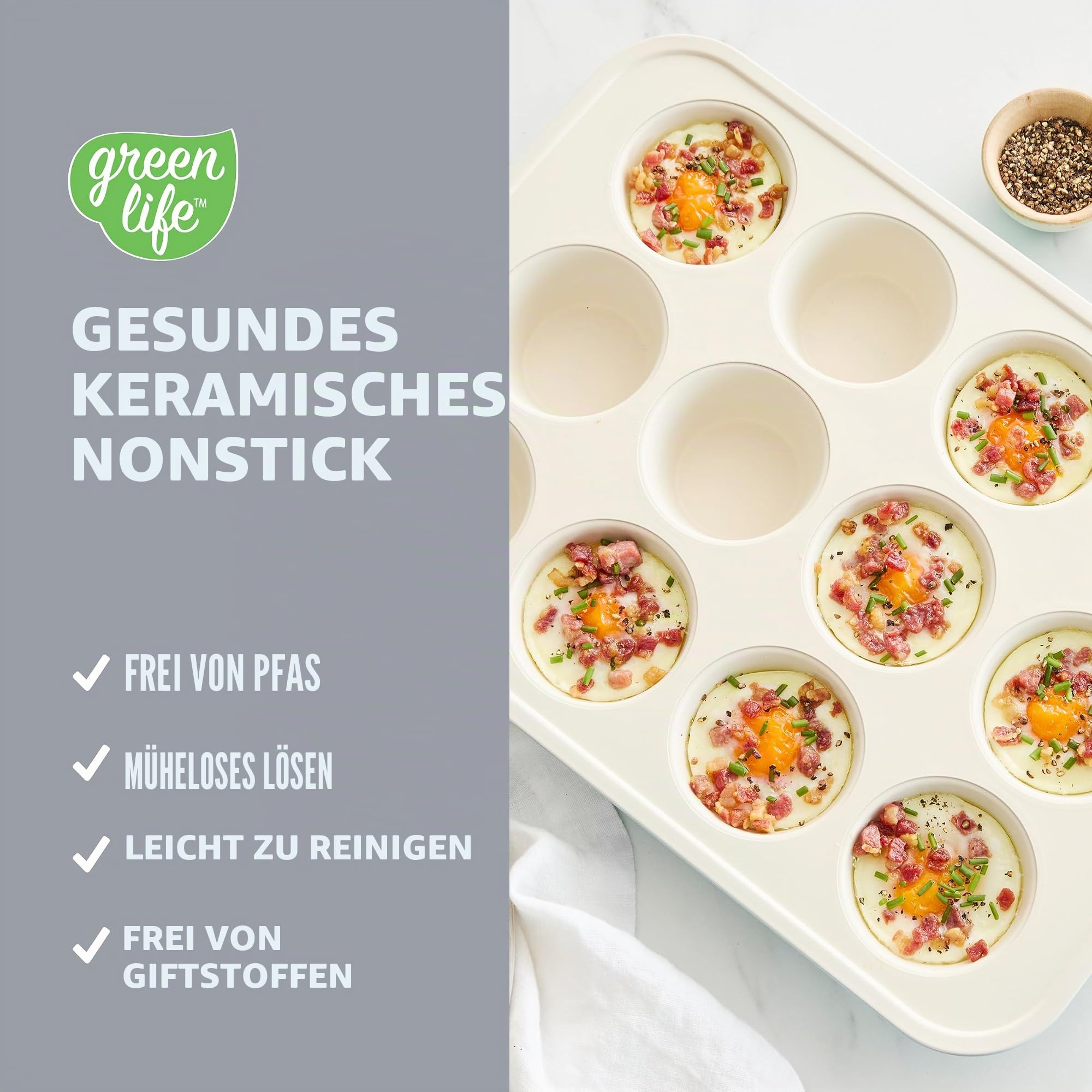 GreenLife Muffinform für 12 Muffins, gesunde Keramik-Antihaft-Backform, PFOA- und PFAS-freies Cupcake-Blatt, langlebiges Backblech, vielseitige Küchenutensilien, leicht zu reinigende Muffinform,
