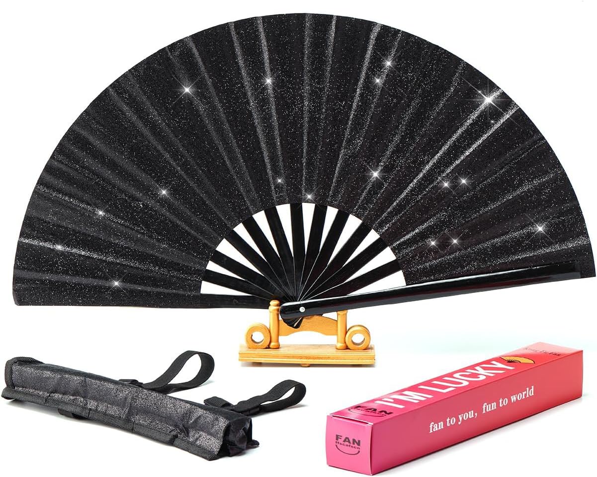 Folding Fan Clack Hand 13inch Bamboo Holster for women Dancing Party Wedding Night Club Concert Festival Large (Black)