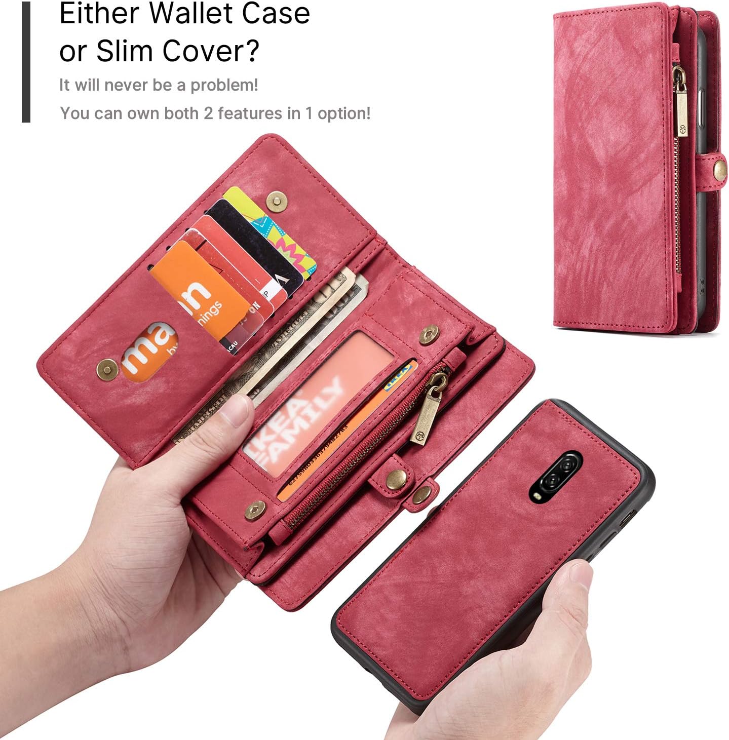 Simicoo OnePlus 7 Pro Leather Wallet Zipper Purse Detachable Card Slots Holder Flip Case Magnetic Wrist Strap Handle Shockproof Cover Pocket Wallet Handbag for OnePlus 7 Pro 1+7 Pro (Red)