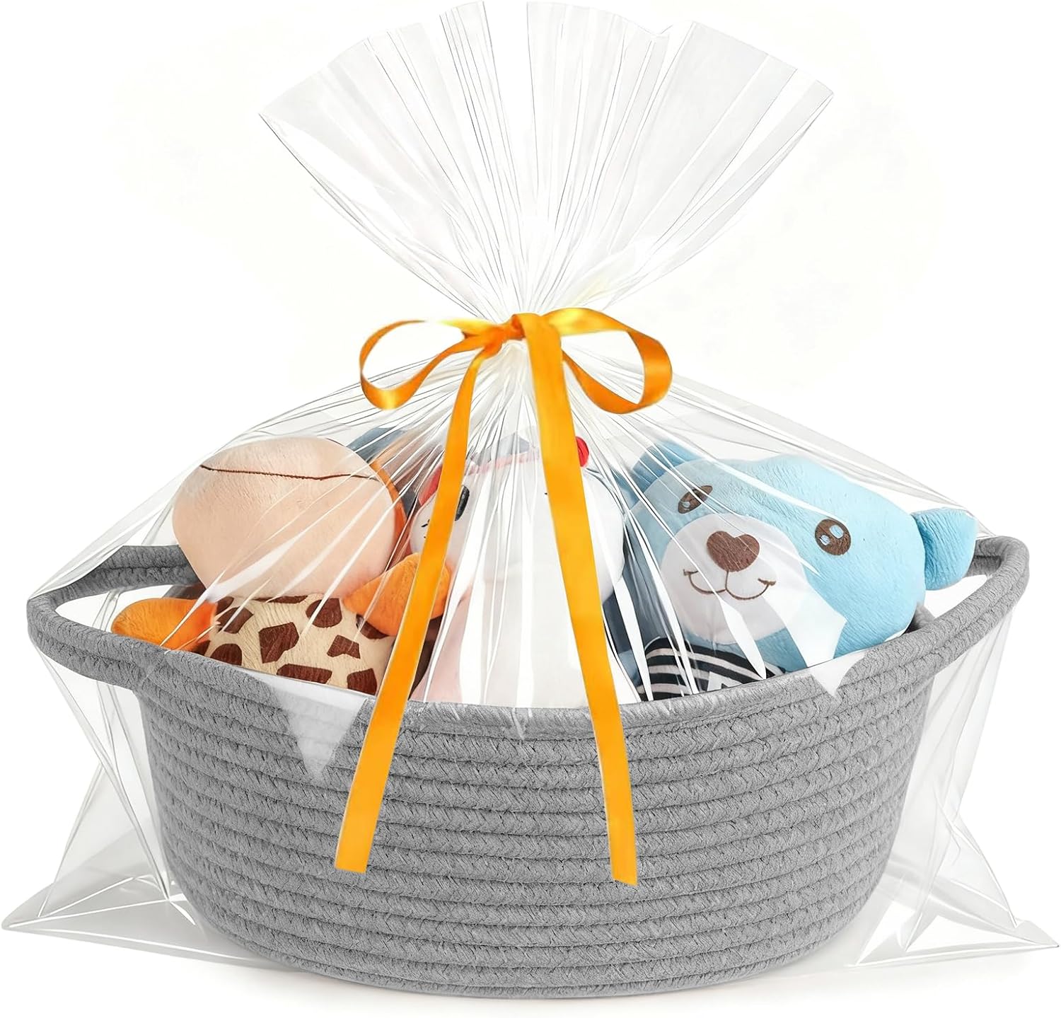 HOBASKET Small Woven Gift Basket with Bags and Ribbons Oval Rope Baskets for Halloween Gifts Empty Small Basket for Shelf Storage 12"X 8" X 5" Baby Toy Baskets with Handles,Cute Easter Grey Baskets