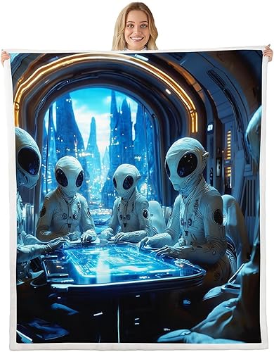 Miniatura 27 de Manta de franela de alienígena, misteriosa nave espacial estrellada con purpurina y planetas de cielo para decoración de habitaciones, manta