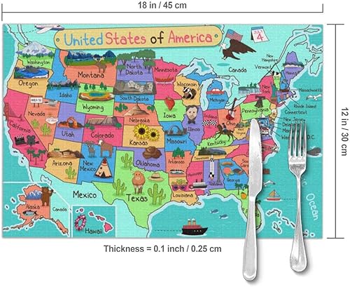 Miniatura 3 de Juego de 6 manteles individuales para mesa de comedor con diseño de mapa de América de dibujos animados (lavables)