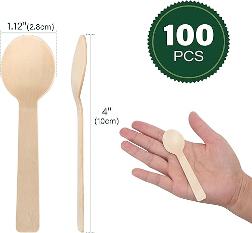 Miniatura 2 de LotFancy Mini cucharas de madera, paquete de 100 unidades, 4 pulgadas de largo, cucharas de muestreo desechables para degustación, biodegradables,