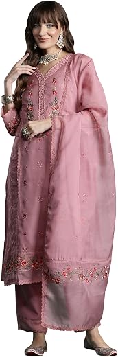 INDO ERA Women's Organza Kurta and Pant with Dupatta Set