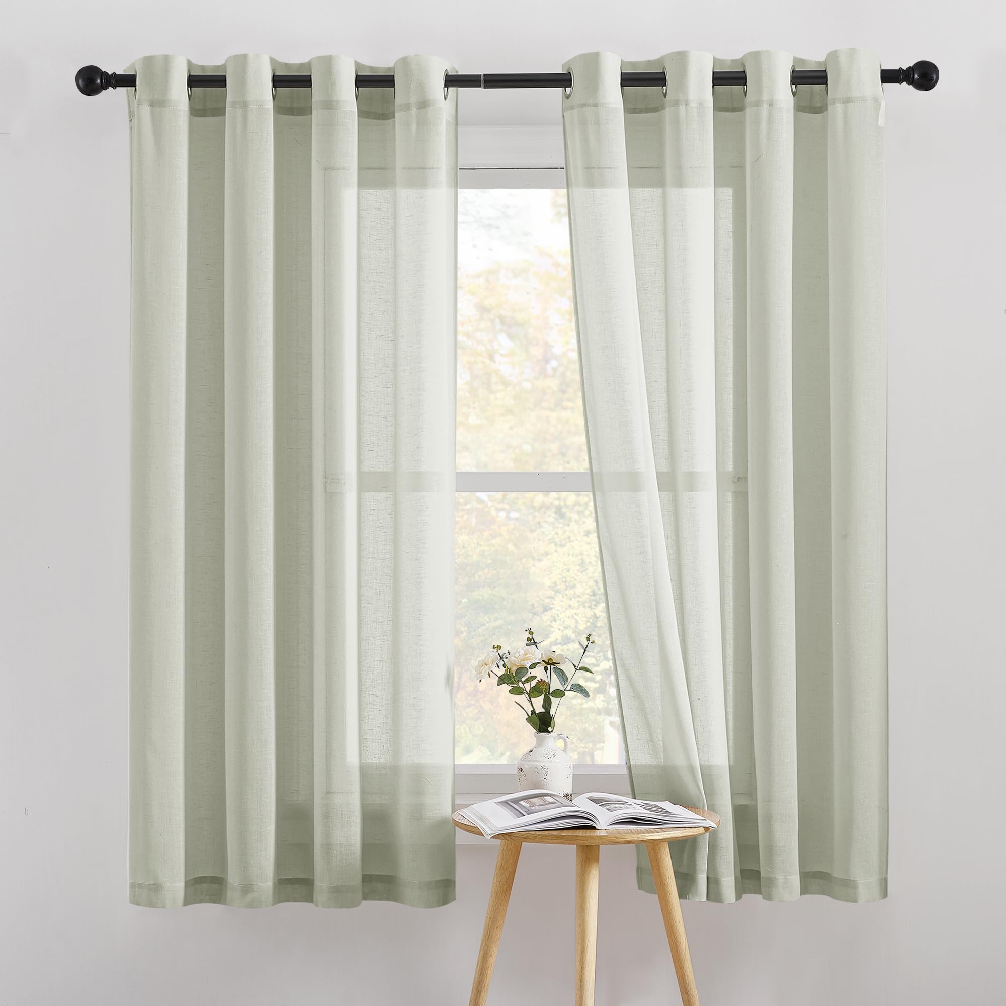 PONY DANCE Semi-Translucent Linen Curtains, Short Curtains with Eyelets for Kitchen/Dining Room/Bedroom 2 Pieces, 140 x 160 cm, Sage Green Global Recycled Standard OEKO-TEX STANDARD 100 Global Recycled Standard Global Recycled Standard